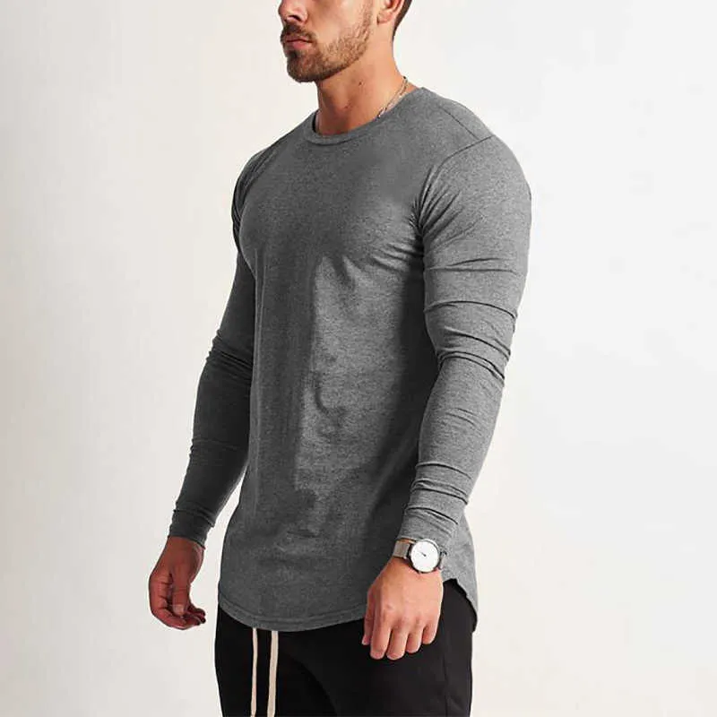 T-shirt manica lunga moda uomo T-shirt sportiva uomo Fitness uomo solido o-collo Palestre Bodybuilding Tshirt homme 210706