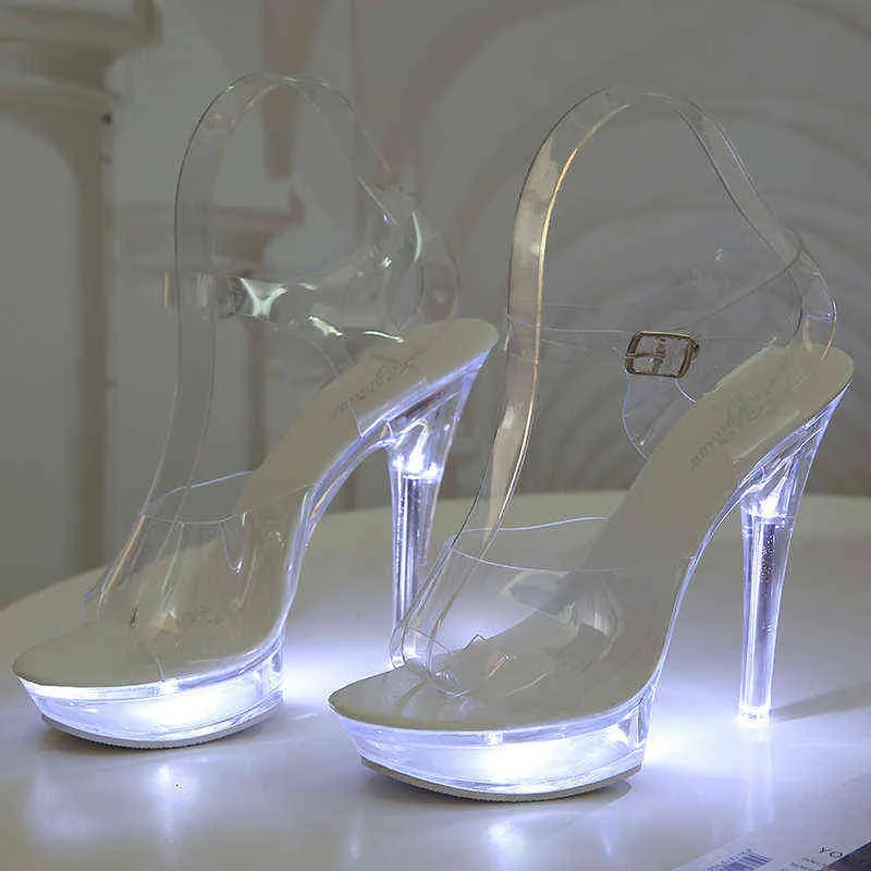 Сандалии освещают светящиеся обувь Женщина светящиеся чистые сандалии женщин платформа LED 13 см высокий каблук прозрачный стриппер каблуки 220121