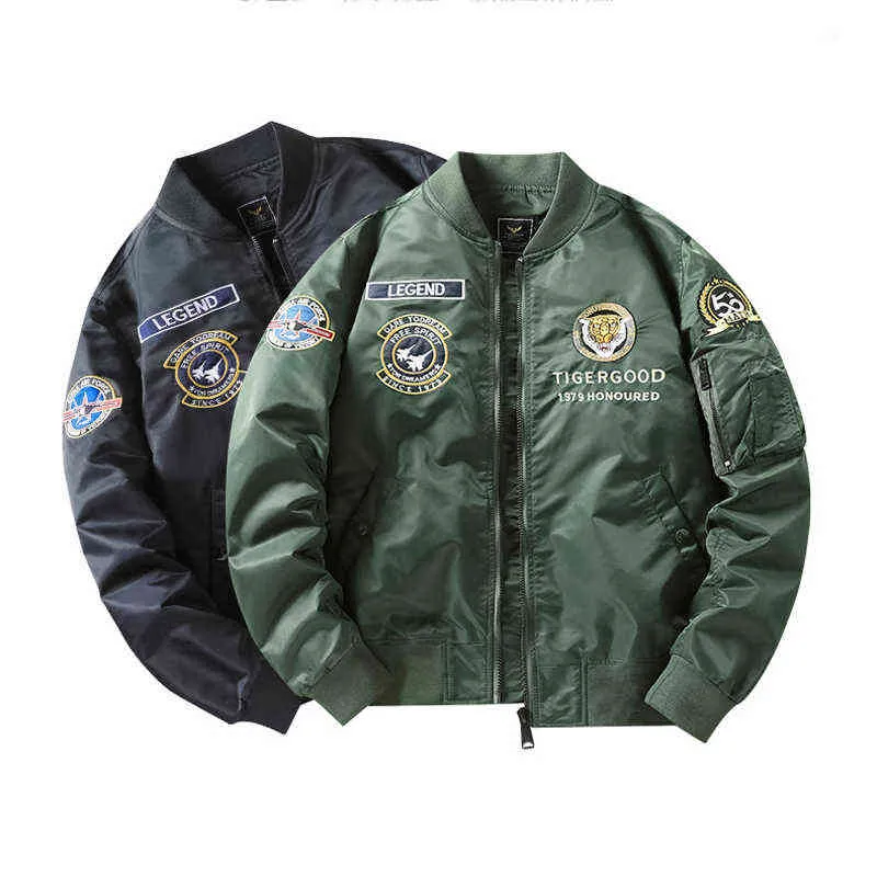Hip Hop Baseball Jacken Streetwear Militärjacke Herren Marke Slim Oberbekleidung Casual Tiger Stickerei Bomber und Mäntel 211126