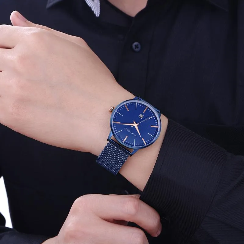 Toppmän tittar på Blue Strap Waterproof Date Quartz Watch Man Full Steel Dess Wrist Clock Man Waches Wristwatches277z