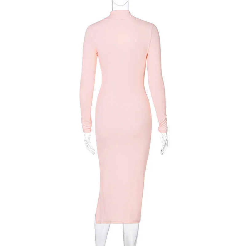 Colysmo Robe à manches longues découpée côtelée tricot côté fendu ras du cou rose sexy moulante femme chic décontracté robes de fête 210527