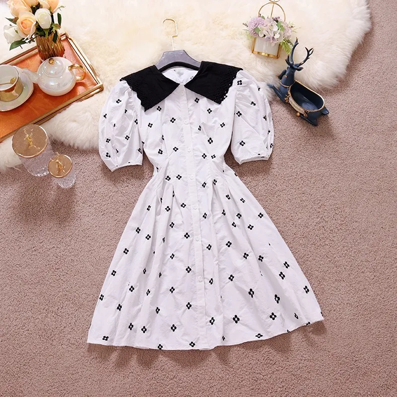 Summer Girl Flower Embroidered Mini Dress Women Pan Peter Collar Puff Sleeve High Waist Cute Kawaii Party Robe Femme 210514