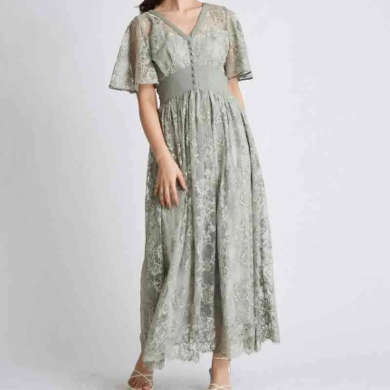 Embroidery Lace Long Dress V-neck Flare Sleeve Slim Waist Ball Gown Party Club Dresses Summer Vestido Elegante with Camis 210514