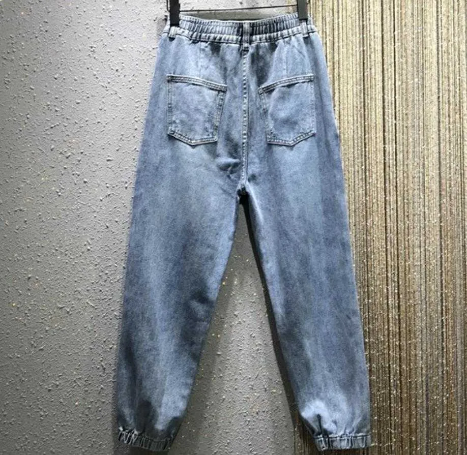 Vijfpuntige ster kwastjes kralen jeans vrouwen elastische taille losse casual rechte harembundige enkellengte 210708