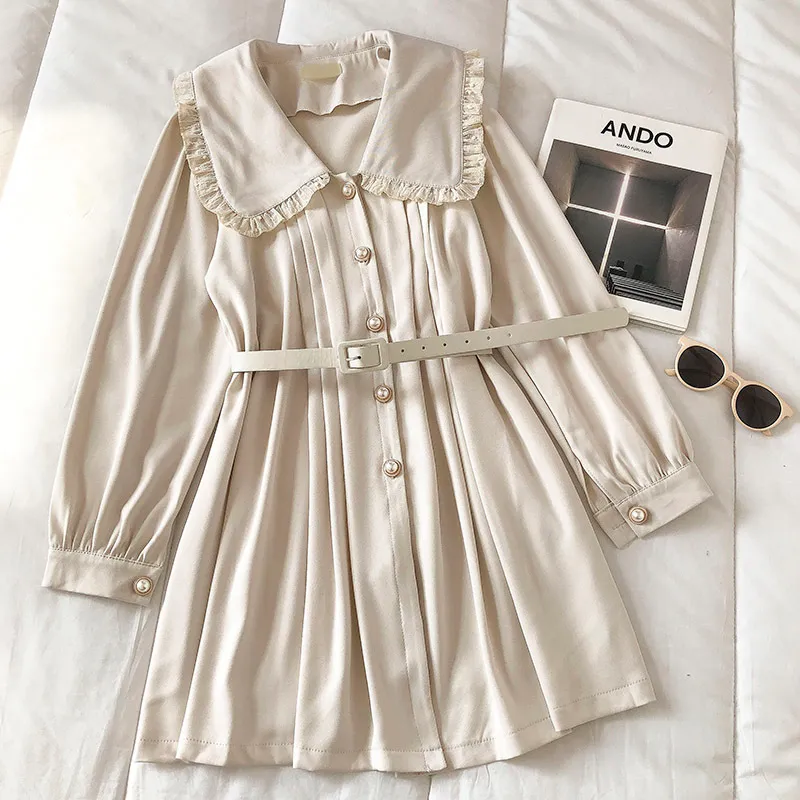 KIMUTOMO Elegant Solid Shirt Jurk Dames Franse Stijl Korea Chique Vrouw Peter Pan Collar Pearl Knopen met Sjerpen Vestido 210521