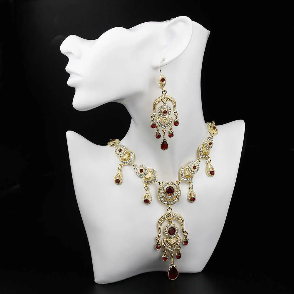 Sunspicems Marocco Sposa Set di gioielli da sposa Colore oro Donne africane Collana lunga fiore Orecchino Gioielli in cristallo indiano 2021 H1022