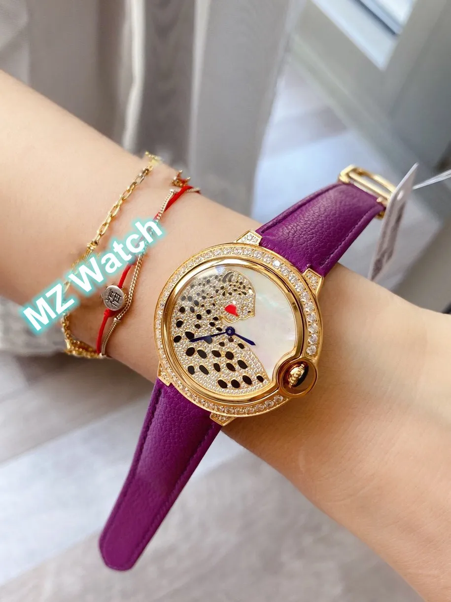Klassische Marke Lila Echtes Leder Quarzuhr Panther Frauen Dame Emaille Leopard Armbanduhr Diamant Armbanduhren Shell Zifferblatt Uhr