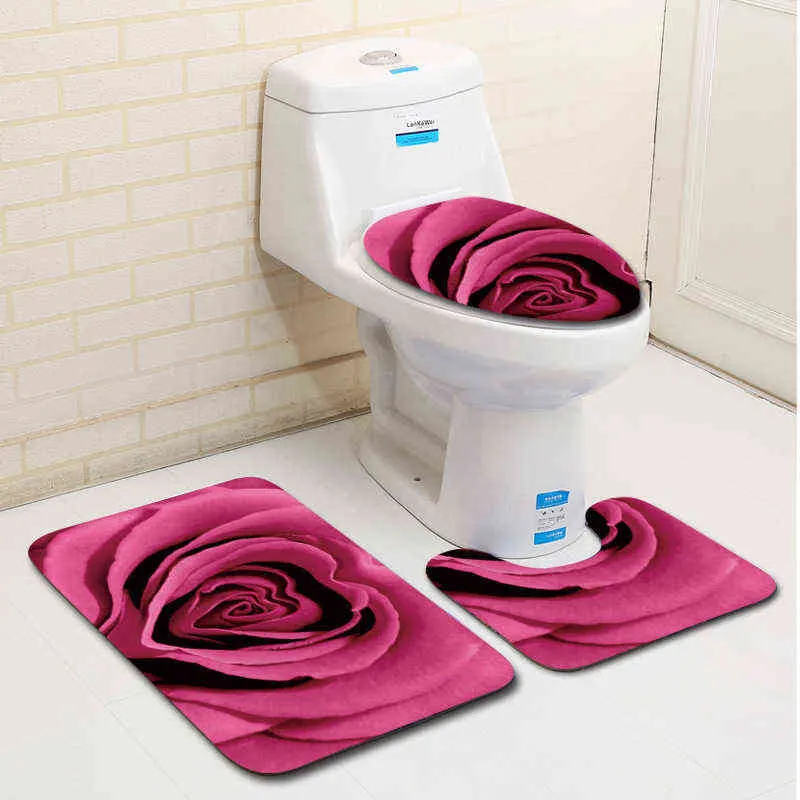 Colorful Bath Mat and Shower Curtain Set Anti Slip Carpet Bathroom Rug Toilet Seat Cover Mat Bathroom Doormat Absorbent Bath Set 211109