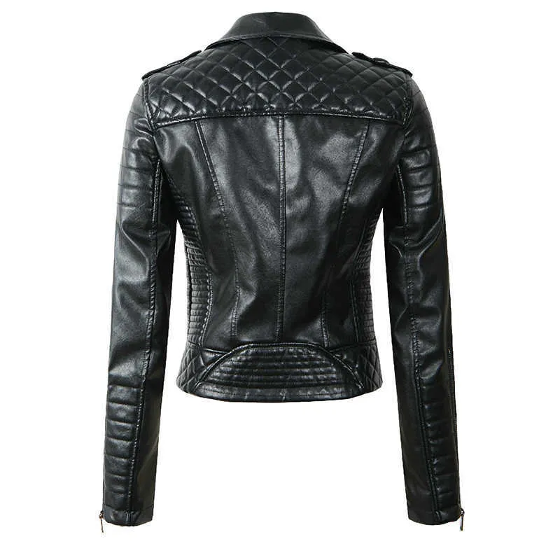 Wmoen veste en cuir printemps automne col rabattu fermeture éclair vêtements d'extérieur vintage dames motard moto manteaux courts manteau femme 210525