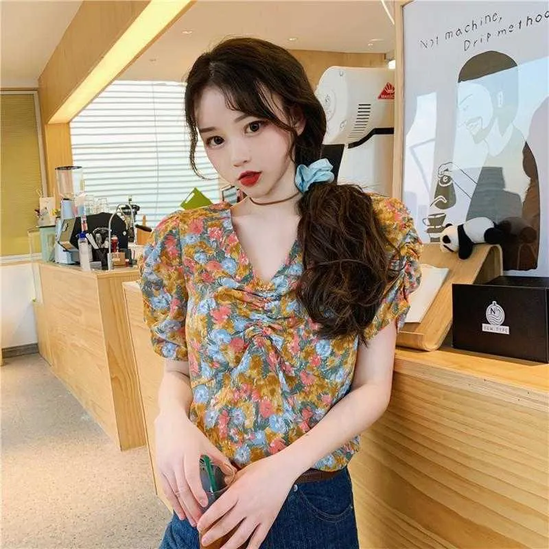 Vintage Short Puff Sleeve Blus Kvinnor Koreanska Chiffong Designer Floral Toppar Kvinna Casual Kläder Ladies Spring Party 210604