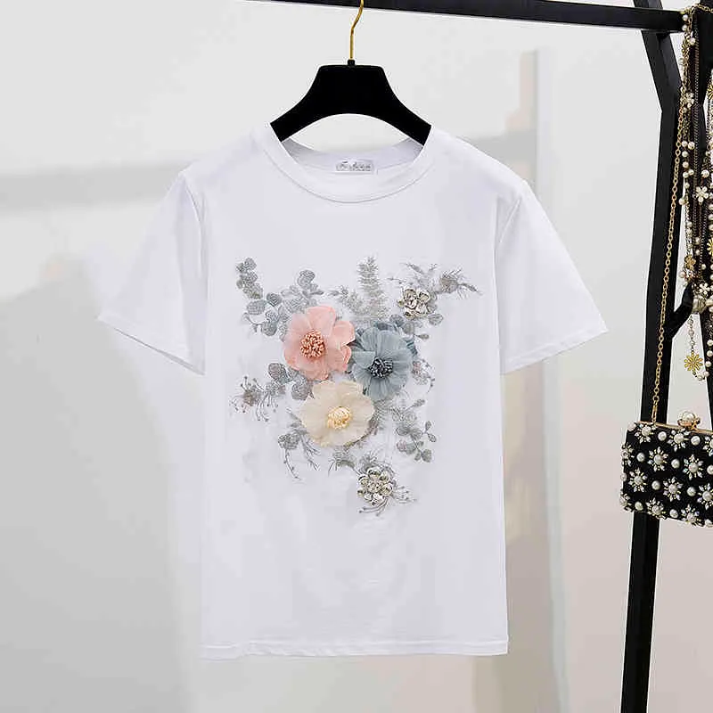 Summer Women Sets Ricamo 3D Flower T-shirt Pantaloncini di jeans Set di pantaloncini con perline vintage 210331