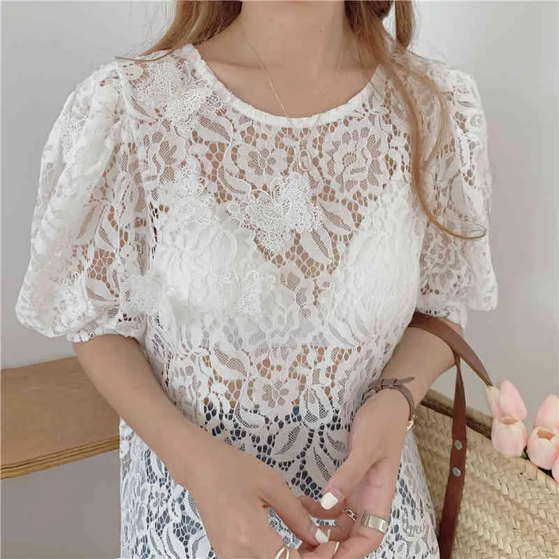 Blusa de verano para mujer, camisas Vintage elegante con mangas abullonadas y encaje recortado estilo coreano salvaje para mujer, Top blanco BL20108 210522