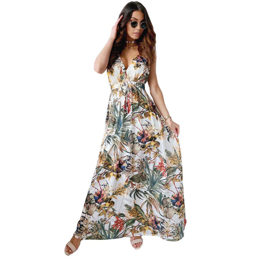 Plage Boho Floral Print Robes pour femmes Sexy Sans Manches Lâche A-Line Lady Dress Été Femmes Robes Décontractées Vestidos D30 210730