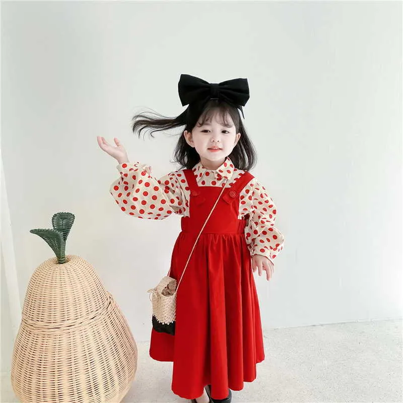 Korean Style Spring Girls 2-pcs Sets Puff Dot Shirts+sling Princess Dresses Girl Clothes E2028 210610