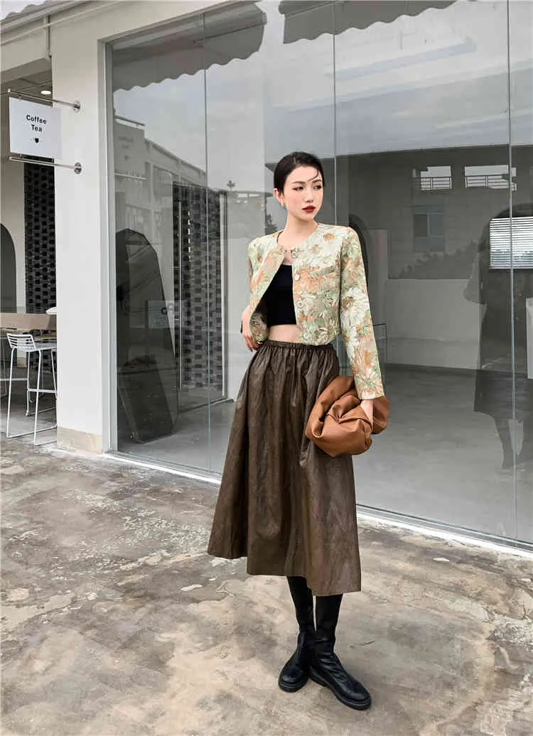 Veste courte en jacquard vintage pour femmes, peinture à l'huile, manteau court, vert, vêtements d'extérieur d'automne, vêtements de mode coréenne 210427