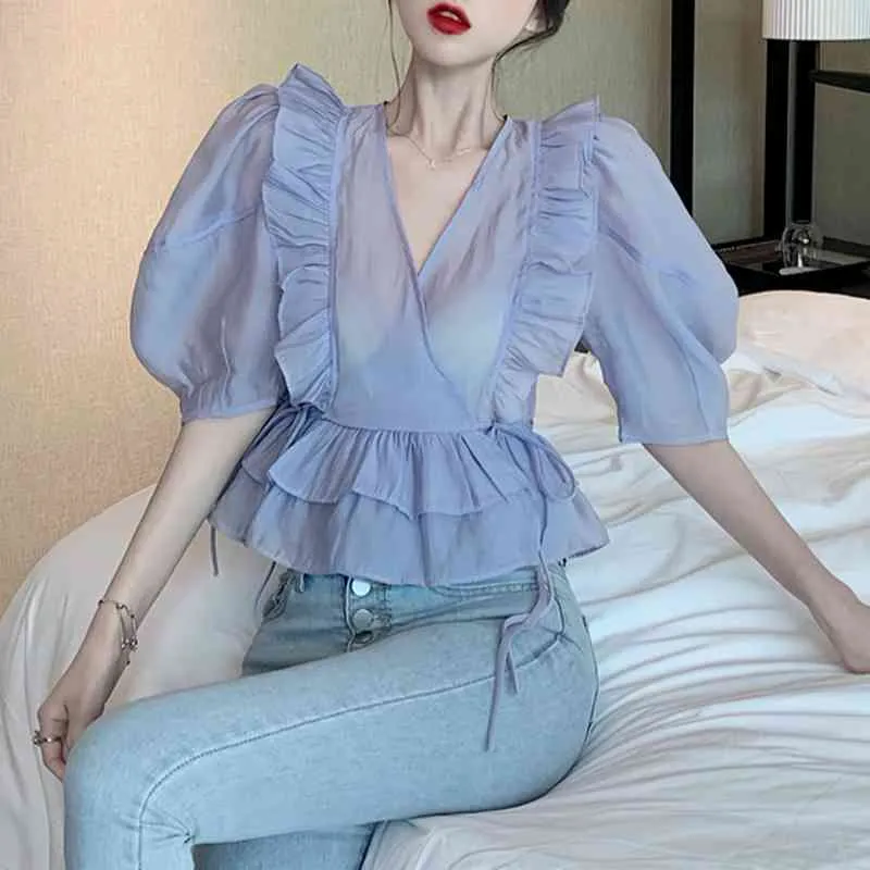 Ezgaga sexy blusa mulheres chiffon colheita tops ruffles slouff manga v-pescoço de vc up verão slim fino elegante camisas moda 210430