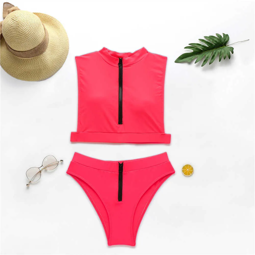 High Waist Bikini Mujer Neon Green Swimsuit Female Neck Swimwear Women Zipper Crop Top Sexy Bathing Suit Bathers 210629