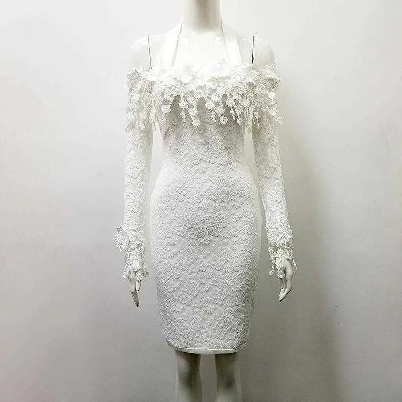 Kvinnor Kväll Sexig 3D Lace Floral Klänningar Av Axel Hollow Out Långärmad Formell Midi Party White Dress Robe de Soiree 210709