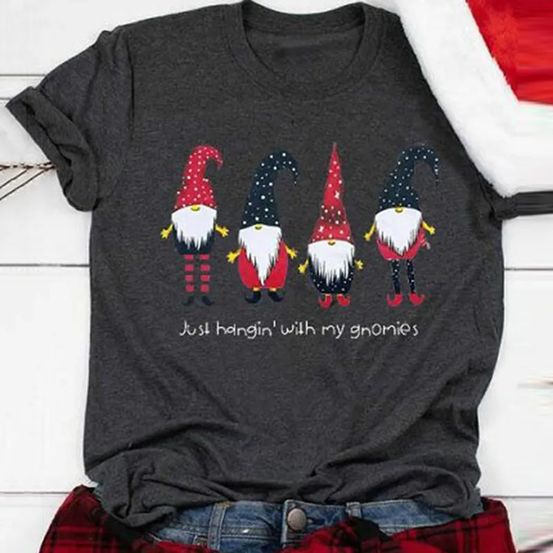 Plus Size Women Christmas T-shirt JUST HANGIN' WITH MY GNOMIES Letter Cartoon Print Casual Short Sleeve Round Collar Female 210517