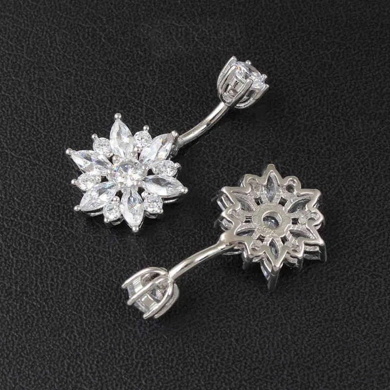 Belly Button Ring Real 925 Sterling Women Flower Zircon Clear Stones Jewelry Pure Silver Body Piercing2520725