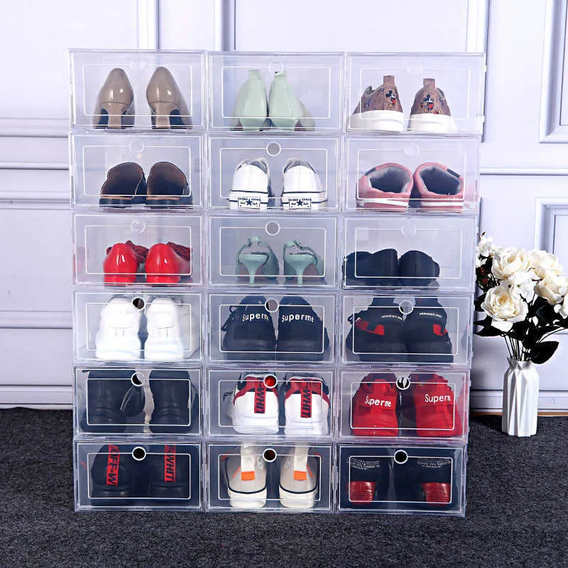 Conjunto de caixa de sapatos multicolorida, 12 peças, armazenamento dobrável, plástico transparente, organizador de casa, rack de sapatos, exibição de pilha, organizador de armazenamento, caixa única x155i