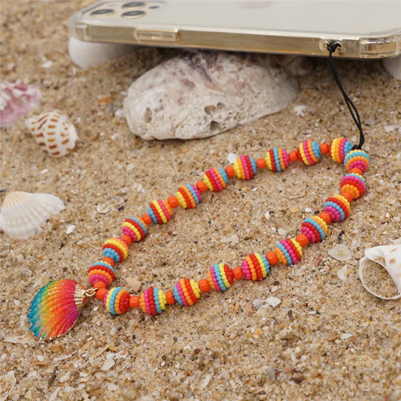 Punki basit bohem tarzı plaj gökkuşağı kabuk zinciri el yapımı renkli boncuklu cep telefonu kordon kadın hediyeler