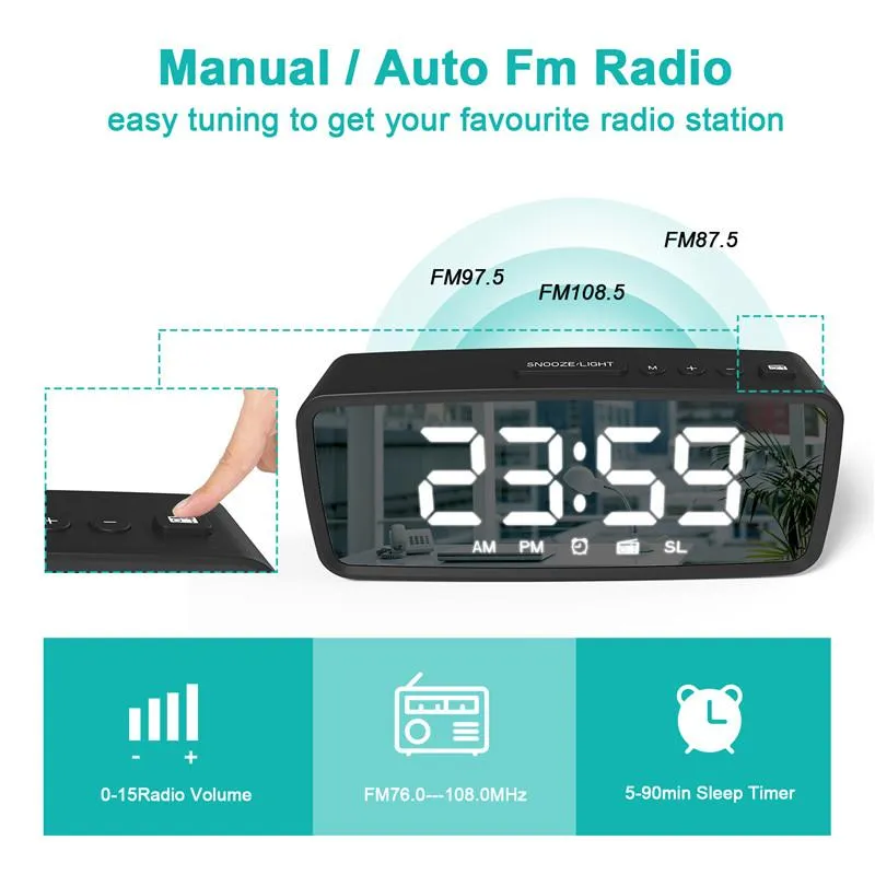 Andra klocktillbehör FM Radio LED Digital Alarm Clock Snooze 3 ljusstyrka inställningar 12 24 timmar USB Make Up Mirror Electronic 1945