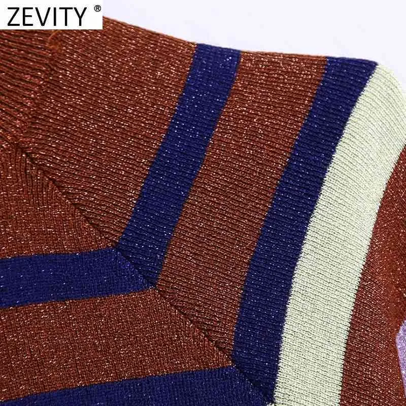 Suéter de punto delgado a rayas de colores con cuello alto Vintage para mujer, jerséis elegantes de manga corta para mujer, tops S611 210420