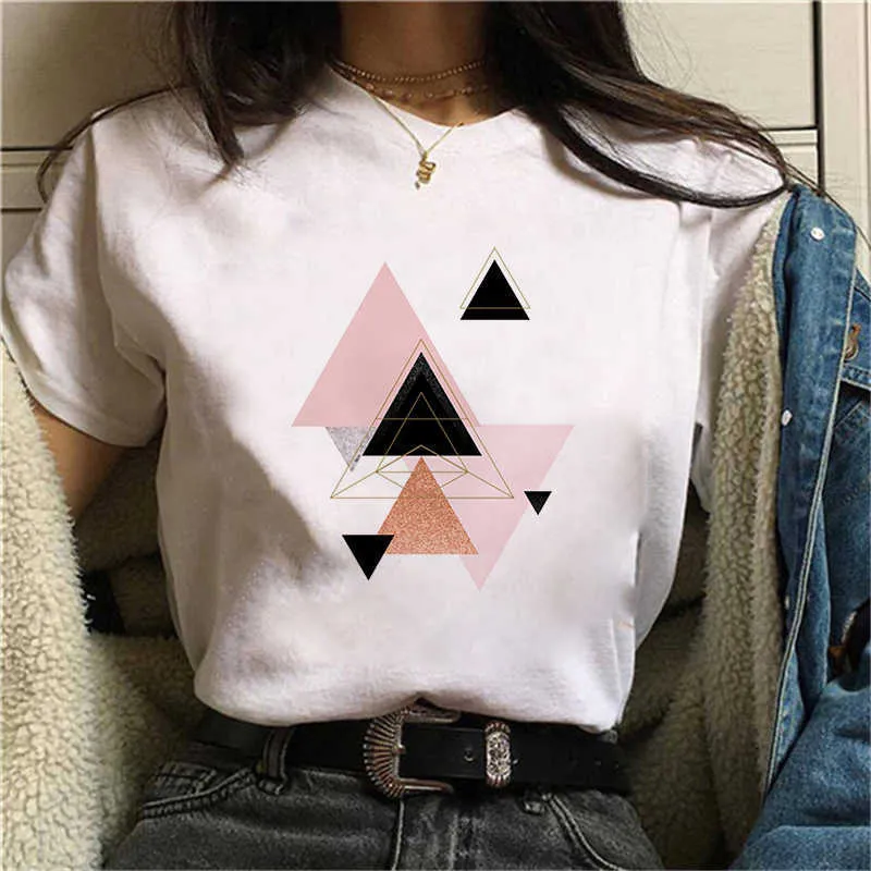 Wvie Geometria Bonita Impresso Camiseta Mulheres 90s Gráfico T-Shirt Harajuku Tops Tee Bonito Manga Curta Chotehs Feminino 24982 x0527