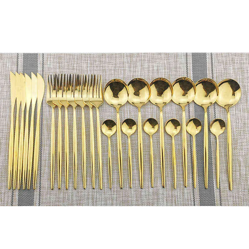 24 pezzi Set di stoviglie arcobaleno Set di posate in acciaio inossidabile 18/di posate con manico in oro Coltello Forchetta Cucchiaio Set di posate feste 211112