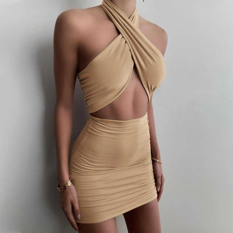 Женщины Halter Mini платье Летнее твердое велосипед на шнурке Handstring DrawString Handled Out Bodycon Sexy Party Club Package Hip Vestidos 210526