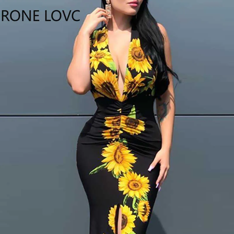 Donne profonde con scollo a V impollinazione girasole stampa fessura maxi vestito maxi vestito elegante moda chic vestito Y0706