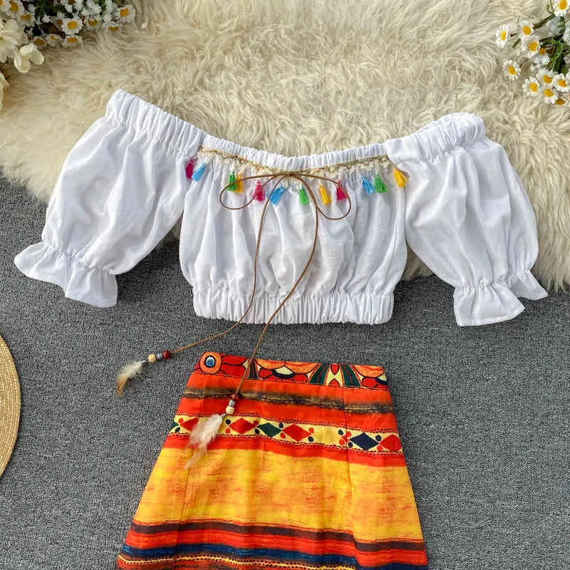 Summer Women's Sets Holiday Style Tassel Neckline Short Top Print All-match Skirt Casual Female LL958 210506