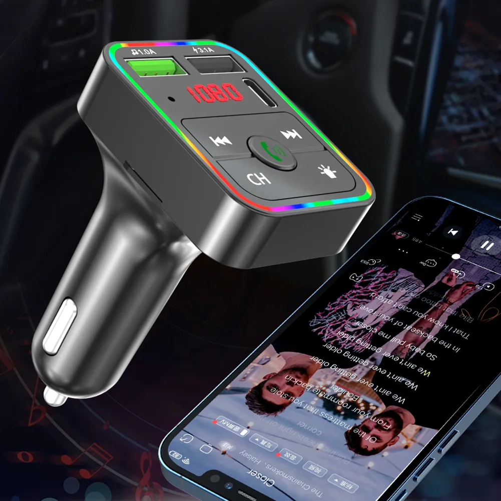 F2 Bluetooth Car Kit FM-sändarmodulator Färgglad LED-bakgrundsbelysning Trådlös radioadapter Handsfree för telefon TF MP3-spelare typ C-port