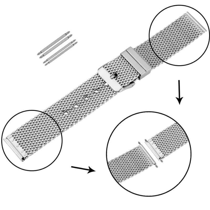 Сетчатый ремешок для часов из нержавеющей стали 20, 22, 24 мм, пряжка, металлические ремешки, универсальный сменный браслет Band2512