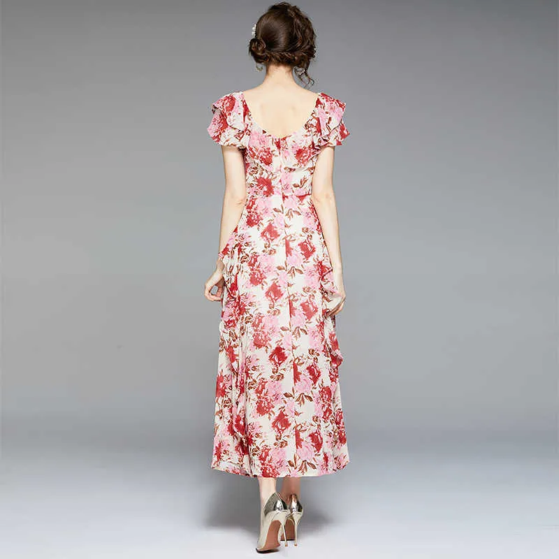 Chegada de verão de verão francês flor floral praia boho ruffled vestido de cintura alta de manga curta para mulheres vestido feminino 210529