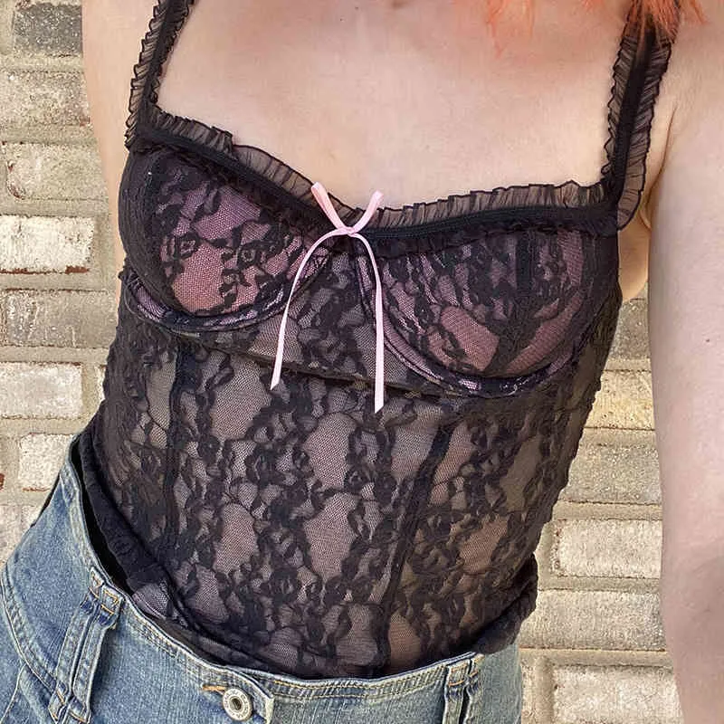 Noir Dentelle Goth Esthétique Sexy Crop Tops Femmes Rose Col En V Arc Mignon Kawaii Vêtements Foncé Preppy Vintage Fille Camisole Y2K Jeune 210517