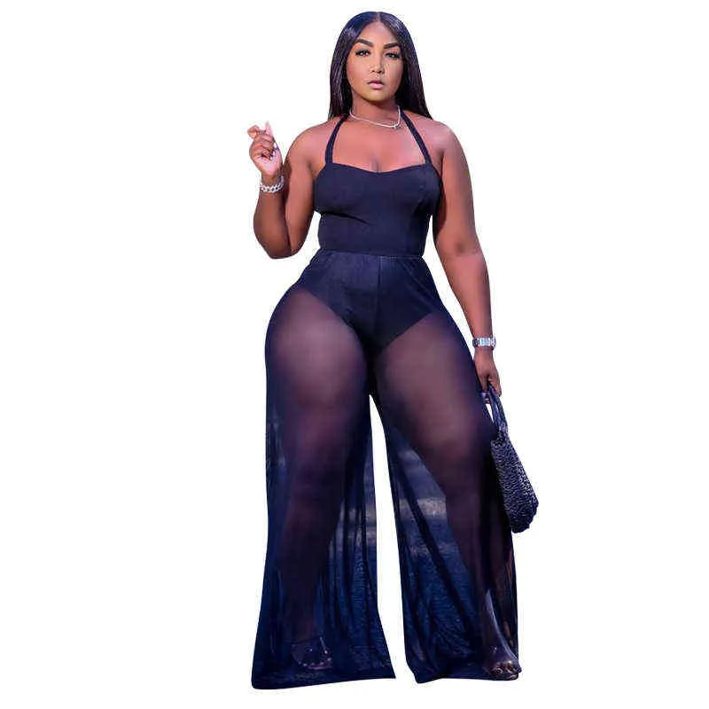 Women Mesh See Though Straight Jumpsuit Sexy Plus Size Halter Neck Sleeveless Romper Overall Romper Outfit 211116