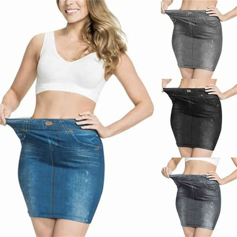 Plus Size Women Faux Denim Skirt Fashion Print SeamlJean Skirts Short Slim High Waist Elastic Polckets Female Mini Dress X0428