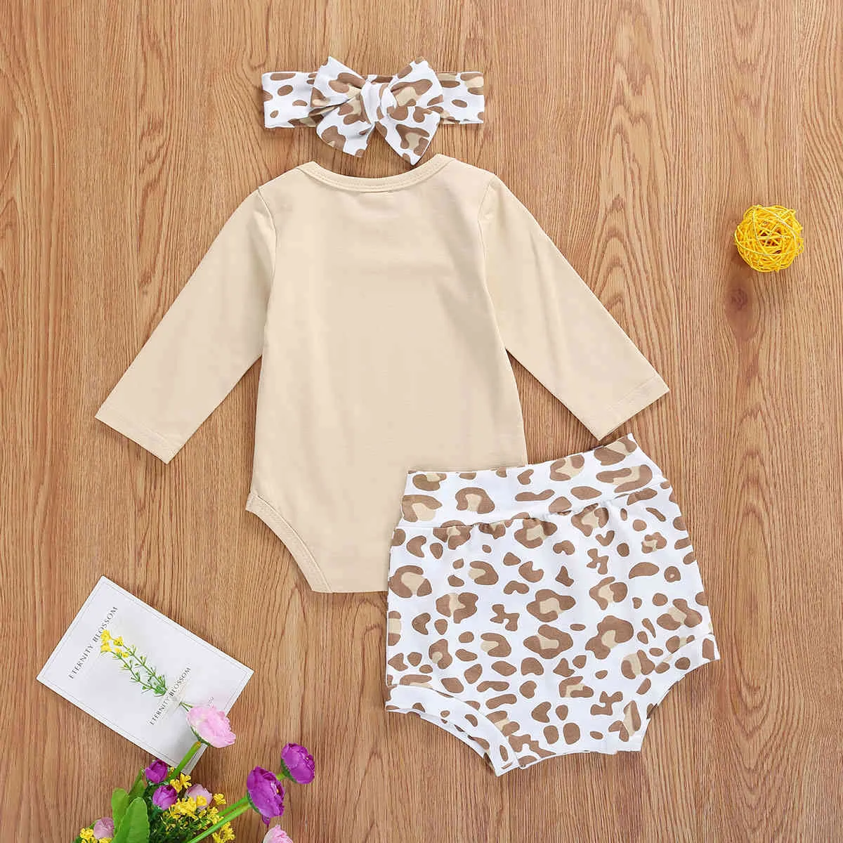 0-24m Född spädbarnsflickor Leopard Kläder Set Höst Långärmad Romper Shorts Headband Outfits 210515