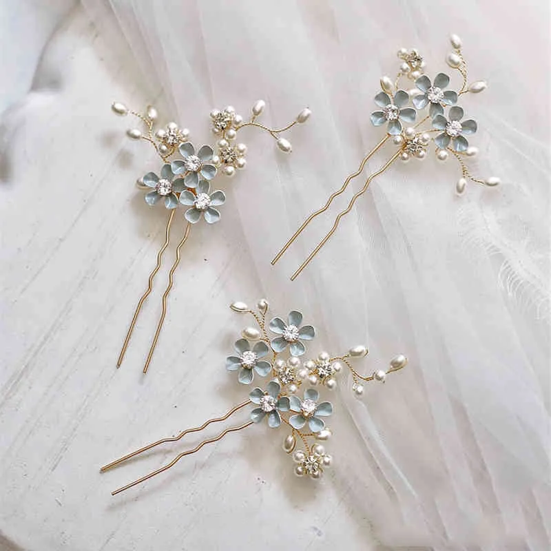 Blaue Blume Braut Haarnadeln Clips Zirkonia Perlen Haarnadeln Gold Kopfschmuck für Brautjungfern Hochzeit Accessoires Bräute Schmuck
