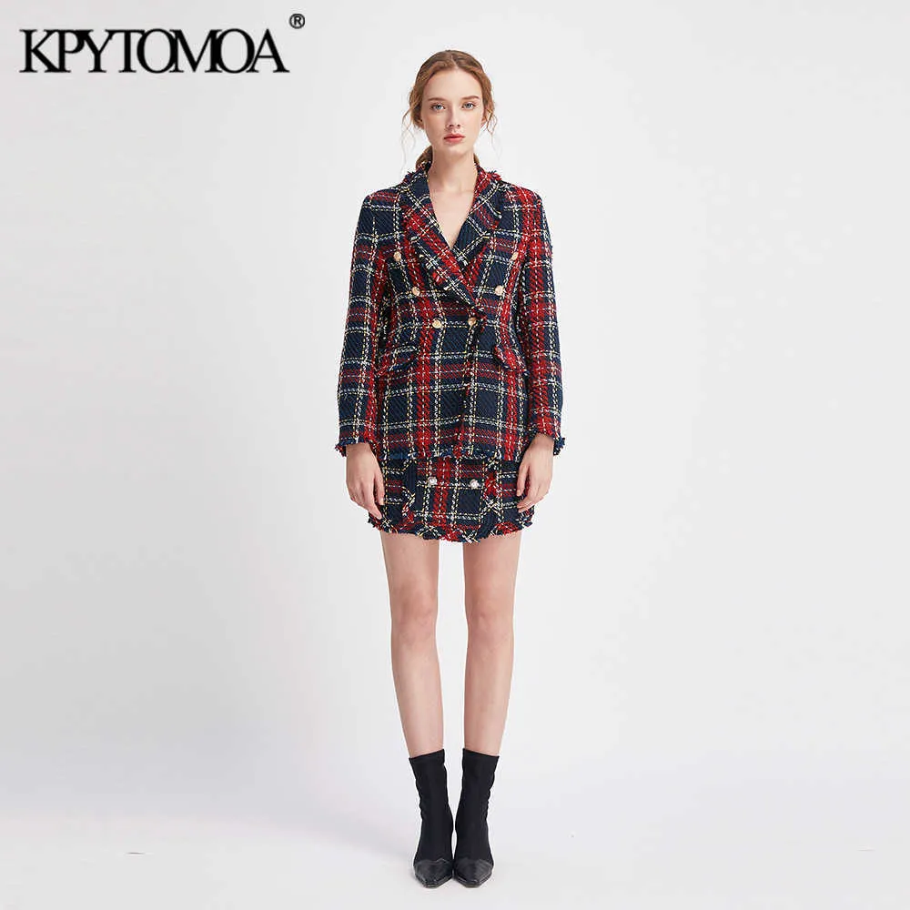 KPYTOMOA Dames Mode Double Breasted Frayed Check Tweed Blazers Jas Vintage Lange Mouw Vrouwelijke Bovenkleding Chic Tops 210930