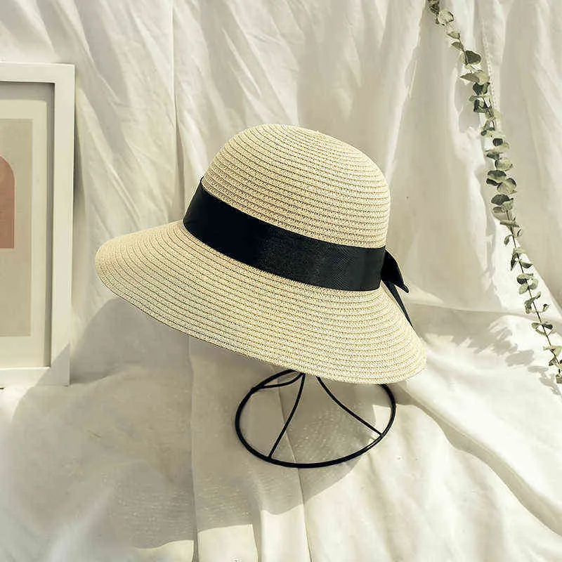女性の夏のバイザー帽子折りたたみ式太陽の帽子アウトドア広い大きな縁ファッションストリートスナップビーチストローチャザーちょう結び紫外線保護G220301