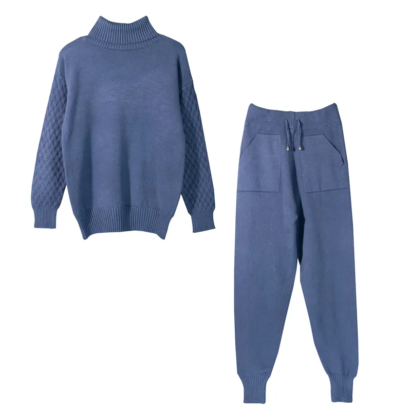 2 stycken Set Kvinnor Stickad Tracksuit Turtleneck Tröja + Morot Joggingbyxor Pullover Chic Outwear 210507