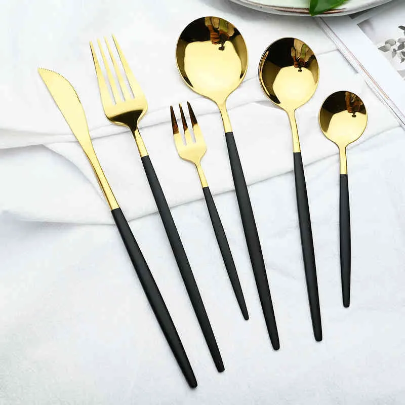 36st / set guld dinnerware bestick kniv kaka frukt gaffel kaffe sked bestick silverware rostfritt stål fest porslin 211228