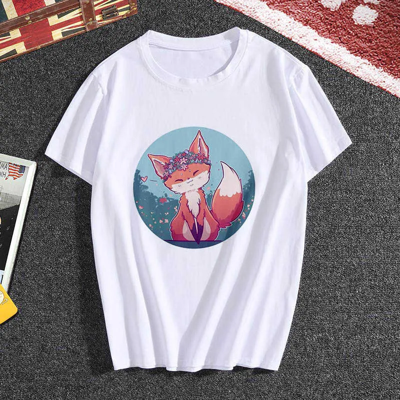 2020 new kawaii fox printed T shirt Women hipster cute T-shirt female Fashion seasons Harajuku white 0-neck tops Tshirt clothing X0628
