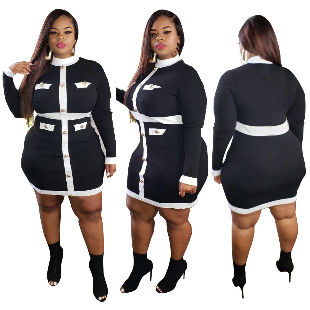 Product Fashion Black White Patchwork Elegant Women Retro Style Long Sleeve Bodycon Dress Wholesale Plus Size Clothing 5XL 210525