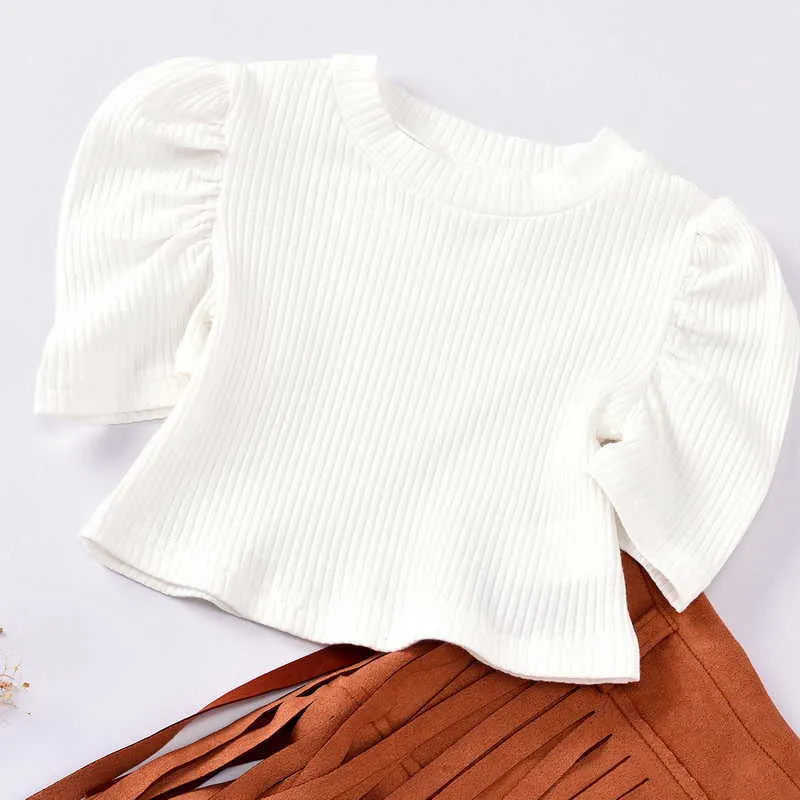 Wholesale Spring Summer Girl 2-pcs Sets White Puff Short Sleeve T-shirt + Brown Tassel Skirt Kids Outfits E3003 210610