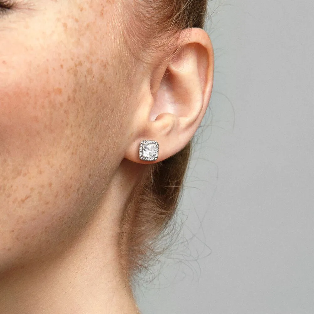 Autentyczny 100% 925 Srebrny Square Square Sparkle Halo Stud Colking