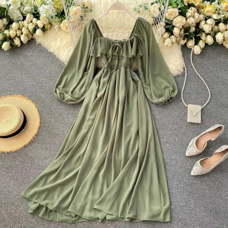 Women Elegant Chiffon Dress Fashion Spring Autumn Puff Sleeve Ruffles Square Neck Boho es Ladies Beach 210525